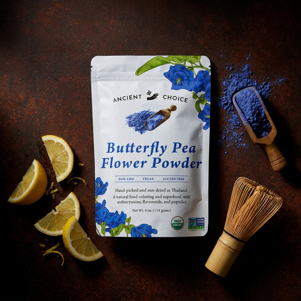 Ancient Choice Butterfly Pea Flower Powder, 4 oz pouch, with lemon and a matcha whisk.