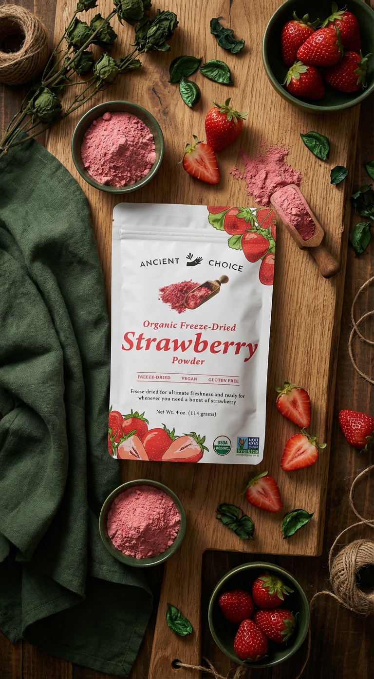 Ancient Choice Organic Freeze-Dried Strawberry Powder, 4 oz pouch, with fresh strawberries.