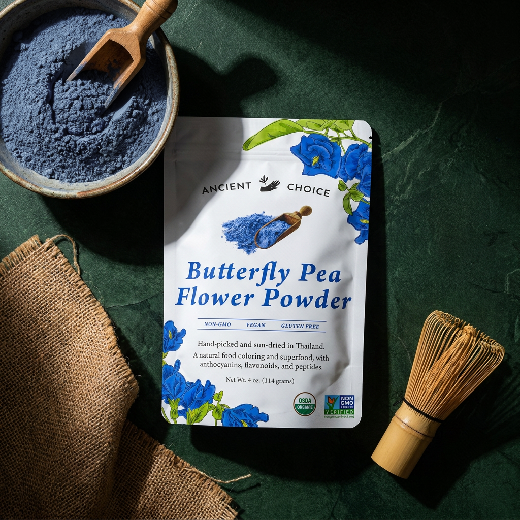 Ancient Choice Butterfly Pea Flower Powder flat-lay on dark green marble with bowl, scoop, and bamboo whisk