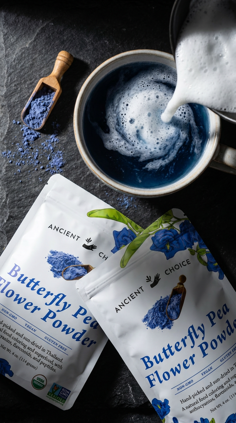 Ancient Choice Butterfly Pea Flower Powder pouches with blue powder